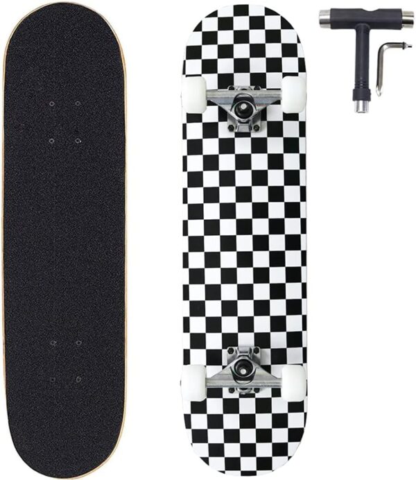 31x8 Inch Pro Skateboard Complete,7 Layer Canadian Maple Wood Double Kick Concave Skate Boards, Tricks Skateboards for Youths,Beginners,Girls,Boys,Kids,Teens,Adults (Black, White)
