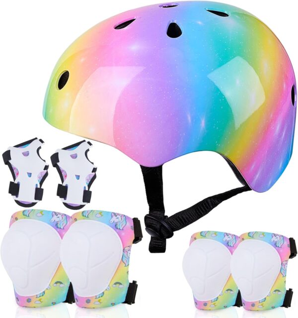 Kids Helmet Knee Pads for Kids Unicorn Knee and Elbow Pads Wrist Guards Adjustable Protective Gear Set for Girls Boys Sports Skateboard Inline Skating Scooter