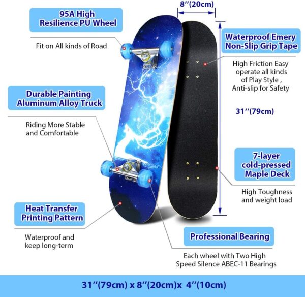 Complete Skateboards- Standard Skateboards for Beginners Kids Boys Girls Teenager- 31''x 8''Canadian Maple  Pro Skate Board, Skateboards - Image 2